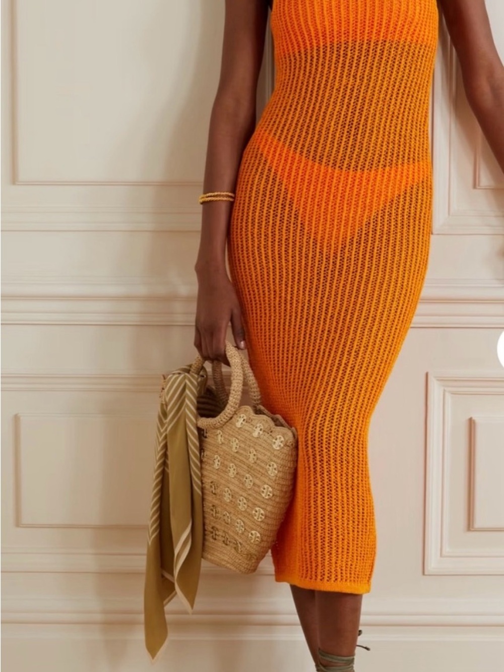 Cult Gaia Orange Open-Knit Midi Dress